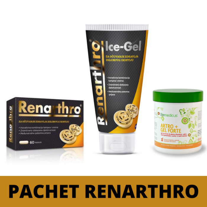 Pachet Renarthro (60 capsule)+ Renarthro Ice gel (150 ml)- Cadou Biomedicus Artrogel Forte (250 ml)