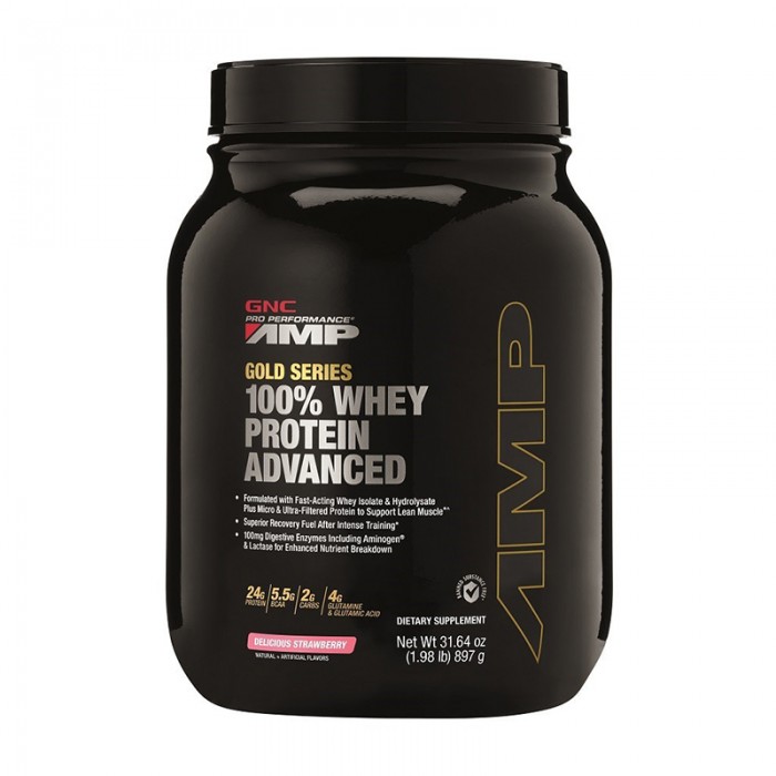 AMP Gold Advanced 100% Proteina din zer cu aroma de capsuni (897 grame), GNC Pro Performance
