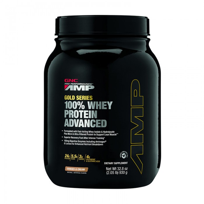 AMP Gold Advanced 100% Proteina din zer cu aroma de biscuiti si frisca (930 grame), GNC