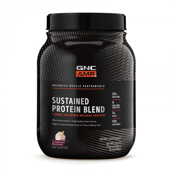 AMP Sustained Protein Blend Amestec proteic cu aroma de milkshake de capsuni (896 grame), GNC