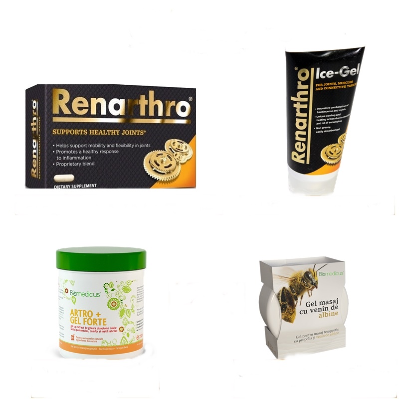 Pachet Renarthro (60 capsule)+ Renarthro Ice gel (150 ml)- Cadou Artrogel Forte (250 ml) + Gel masaj cu venin de albine (200 ml)