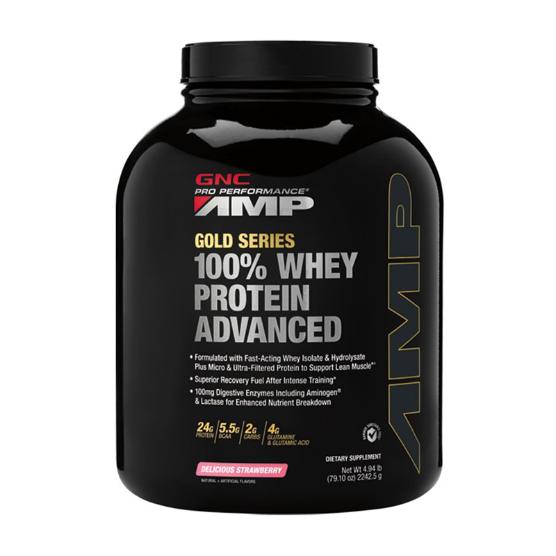 AMP Gold Advanced 100% Proteina din zer cu aroma de capsuni (2242.5 grame), GNC Pro Performance
