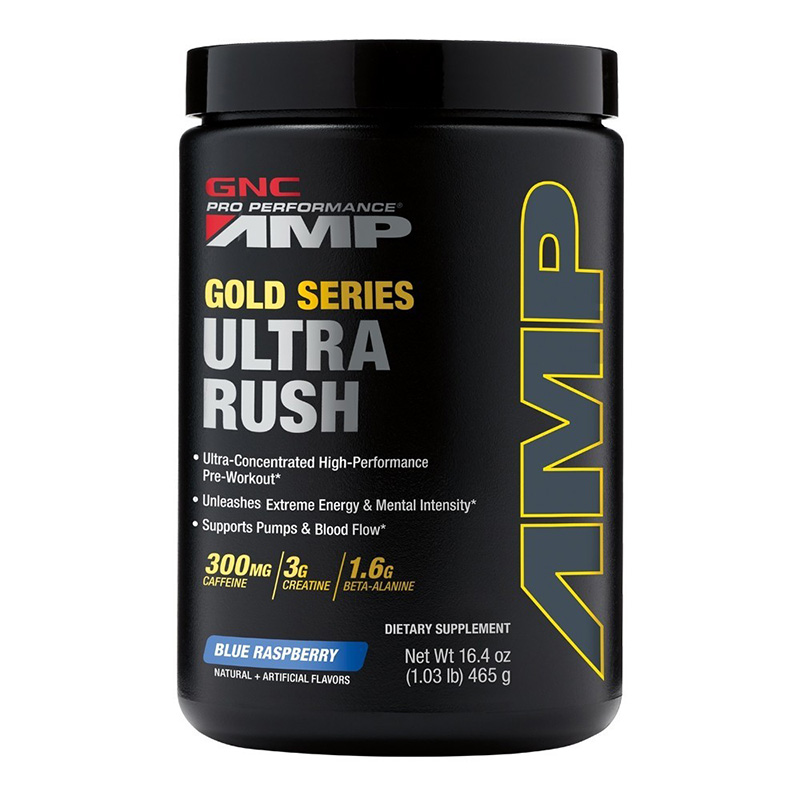 AMP Gold Series Ultra Rush Pre-workout cu aroma de zmeura albastra (465 grame), GNC Pro Performance