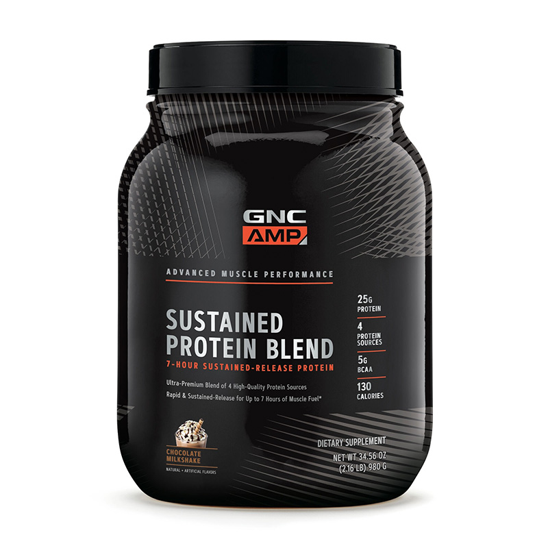 AMP Sustained Protein Blend Amestec proteic cu aroma de milkshake de ciocolata (980 grame), GNC Efarmacie.ro