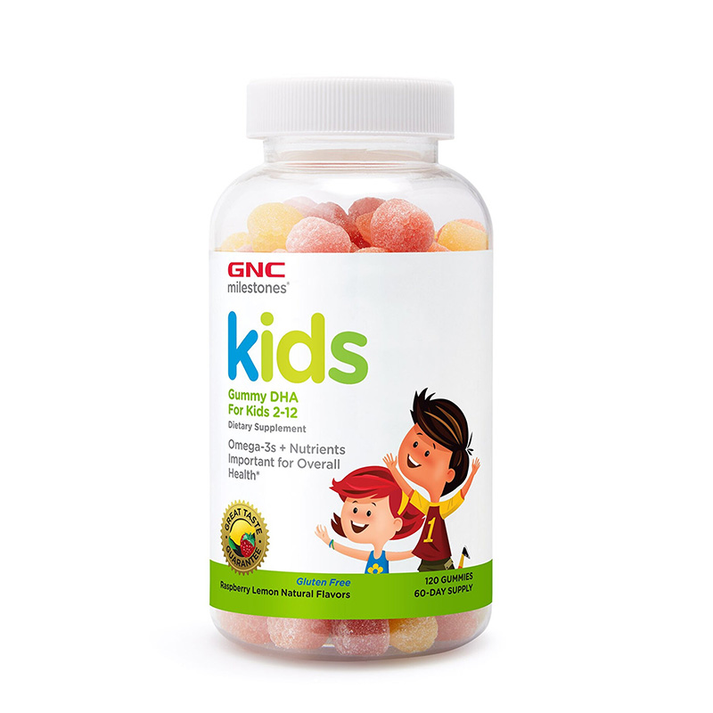 Kids DHA acizi grasi Omega-3 cu aroma de zmeura si lamaie pentru copii 2-12 ani (120 jeleuri), GNC Milestones Efarmacie.ro