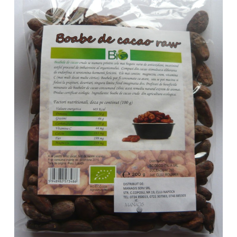 Boabe de cacao bio crude (Peru) (200 grame)